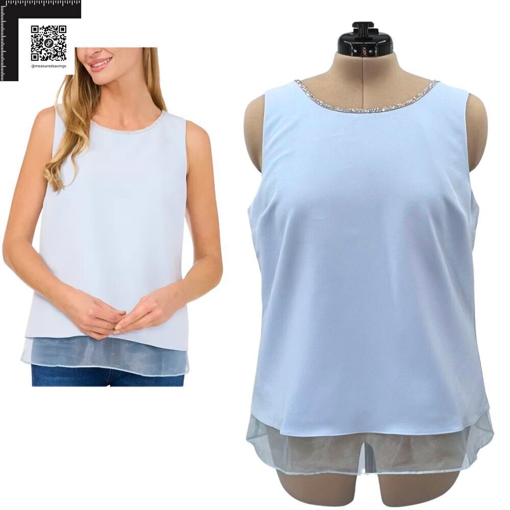 CeCe (Large NWT) Embellished Rhinestone Sleeveless Shell Blouse - Blue Ice